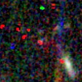 Colour composite: F444W red, F356W green, F277W blue, 3.2 arcsec across, north up