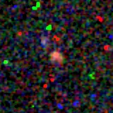 Colour composite: F444W red, F356W green, F277W blue, 3.2 arcsec across, north up