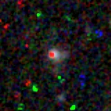 Colour composite: F444W red, F356W green, F277W blue, 3.2 arcsec across, north up