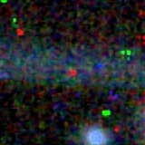 Colour composite: F444W red, F356W green, F277W blue, 3.2 arcsec across, north up