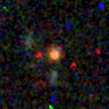 Colour composite: F444W red, F356W green, F277W blue, 3.2 arcsec across, north up