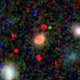Colour composite: F444W red, F356W green, F277W blue, 3.2 arcsec across, north up