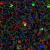 Colour composite: F444W red, F356W green, F277W blue, 3.2 arcsec across, north up