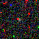 Colour composite: F444W red, F356W green, F277W blue, 3.2 arcsec across, north up
