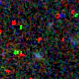 Colour composite: F444W red, F356W green, F277W blue, 3.2 arcsec across, north up
