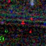 Colour composite: F444W red, F356W green, F277W blue, 3.2 arcsec across, north up
