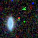 Colour composite: F444W red, F356W green, F277W blue, 3.2 arcsec across, north up