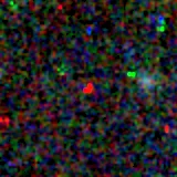 Colour composite: F444W red, F356W green, F277W blue, 3.2 arcsec across, north up