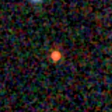 Colour composite: F444W red, F356W green, F277W blue, 3.2 arcsec across, north up