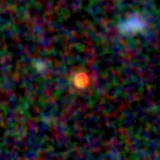 Colour composite: F444W red, F356W green, F277W blue, 3.2 arcsec across, north up