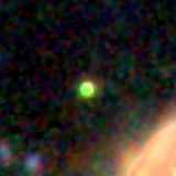 Colour composite: F444W red, F356W green, F277W blue, 3.2 arcsec across, north up