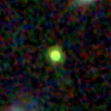 Colour composite: F444W red, F356W green, F277W blue, 3.2 arcsec across, north up