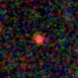 Colour composite: F444W red, F356W green, F277W blue, 3.2 arcsec across, north up