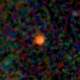 Colour composite: F444W red, F356W green, F277W blue, 3.2 arcsec across, north up