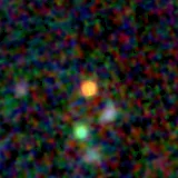 Colour composite: F444W red, F356W green, F277W blue, 3.2 arcsec across, north up