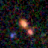 Colour composite: F444W red, F356W green, F277W blue, 3.2 arcsec across, north up