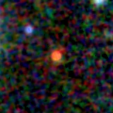 Colour composite: F444W red, F356W green, F277W blue, 3.2 arcsec across, north up