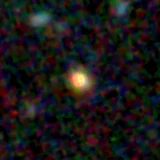 Colour composite: F444W red, F356W green, F277W blue, 3.2 arcsec across, north up