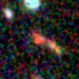 Colour composite: F444W red, F356W green, F277W blue, 3.2 arcsec across, north up