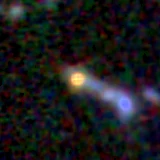 Colour composite: F444W red, F356W green, F277W blue, 3.2 arcsec across, north up