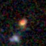 Colour composite: F444W red, F356W green, F277W blue, 3.2 arcsec across, north up