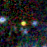 Colour composite: F444W red, F356W green, F277W blue, 3.2 arcsec across, north up
