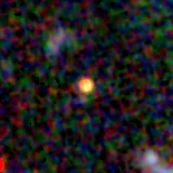 Colour composite: F444W red, F356W green, F277W blue, 3.2 arcsec across, north up