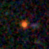 Colour composite: F444W red, F356W green, F277W blue, 3.2 arcsec across, north up