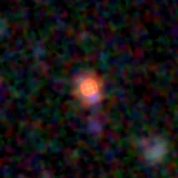 Colour composite: F444W red, F356W green, F277W blue, 3.2 arcsec across, north up