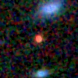 Colour composite: F444W red, F356W green, F277W blue, 3.2 arcsec across, north up