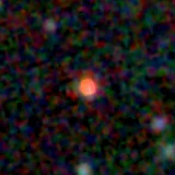 Colour composite: F444W red, F356W green, F277W blue, 3.2 arcsec across, north up