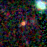 Colour composite: F444W red, F356W green, F277W blue, 3.2 arcsec across, north up