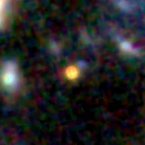 Colour composite: F444W red, F356W green, F277W blue, 3.2 arcsec across, north up