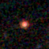Colour composite: F444W red, F356W green, F277W blue, 3.2 arcsec across, north up
