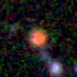 Colour composite: F444W red, F356W green, F277W blue, 3.2 arcsec across, north up