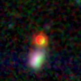 Colour composite: F444W red, F356W green, F277W blue, 3.2 arcsec across, north up