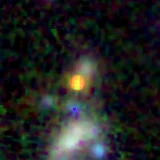 Colour composite: F444W red, F356W green, F277W blue, 3.2 arcsec across, north up