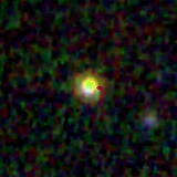 Colour composite: F444W red, F356W green, F277W blue, 3.2 arcsec across, north up