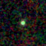 Colour composite: F444W red, F356W green, F277W blue, 3.2 arcsec across, north up