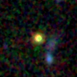 Colour composite: F444W red, F356W green, F277W blue, 3.2 arcsec across, north up