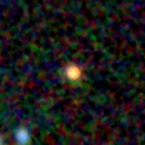 Colour composite: F444W red, F356W green, F277W blue, 3.2 arcsec across, north up