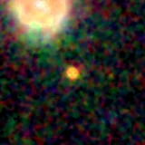 Colour composite: F444W red, F356W green, F277W blue, 3.2 arcsec across, north up