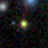 Colour composite: F444W red, F356W green, F277W blue, 3.2 arcsec across, north up