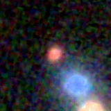Colour composite: F444W red, F356W green, F277W blue, 3.2 arcsec across, north up
