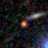 Colour composite: F444W red, F356W green, F277W blue, 3.2 arcsec across, north up