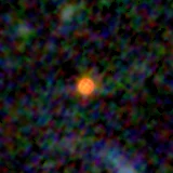 Colour composite: F444W red, F356W green, F277W blue, 3.2 arcsec across, north up