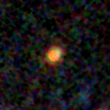 Colour composite: F444W red, F356W green, F277W blue, 3.2 arcsec across, north up