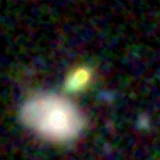 Colour composite: F444W red, F356W green, F277W blue, 3.2 arcsec across, north up