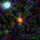Colour composite: F444W red, F356W green, F277W blue, 3.2 arcsec across, north up