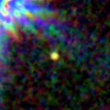 Colour composite: F444W red, F356W green, F277W blue, 3.2 arcsec across, north up